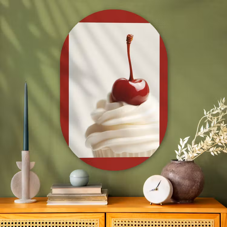 Cupcake - Kers - Rood Wandcirkel Ovaal Glas middel -sfeer2