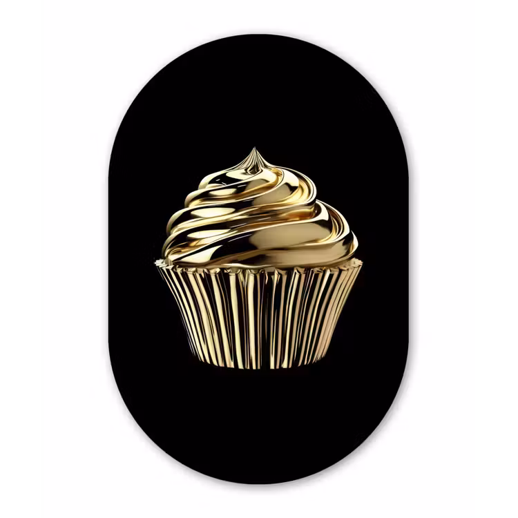 Cupcake - Eten - Goud - Zwart Wandcirkel Ovaal Glas middel -3d