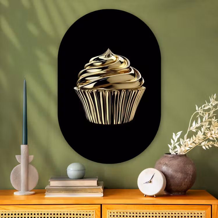 Cupcake - Eten - Goud - Zwart Wandcirkel Ovaal Glas middel -sfeer2