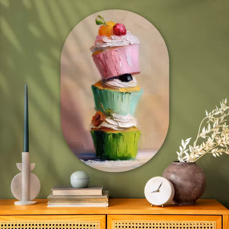 Cupcakes - Gestapeld - Kleurrijk - Fruit Wandcirkel Ovaal Glas middel -sfeer2