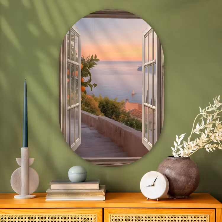 Doorkijk - Uitzicht - Meer - Landschap Wandcirkel Ovaal Glas middel -sfeer2