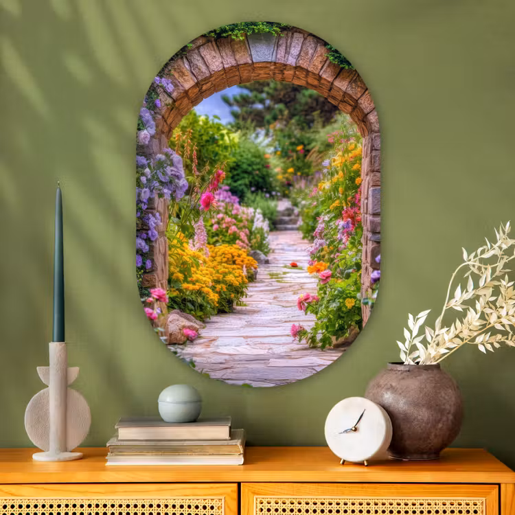 Doorkijk - Bloemen - Pad - Natuur Wandcirkel Ovaal Glas middel -sfeer2