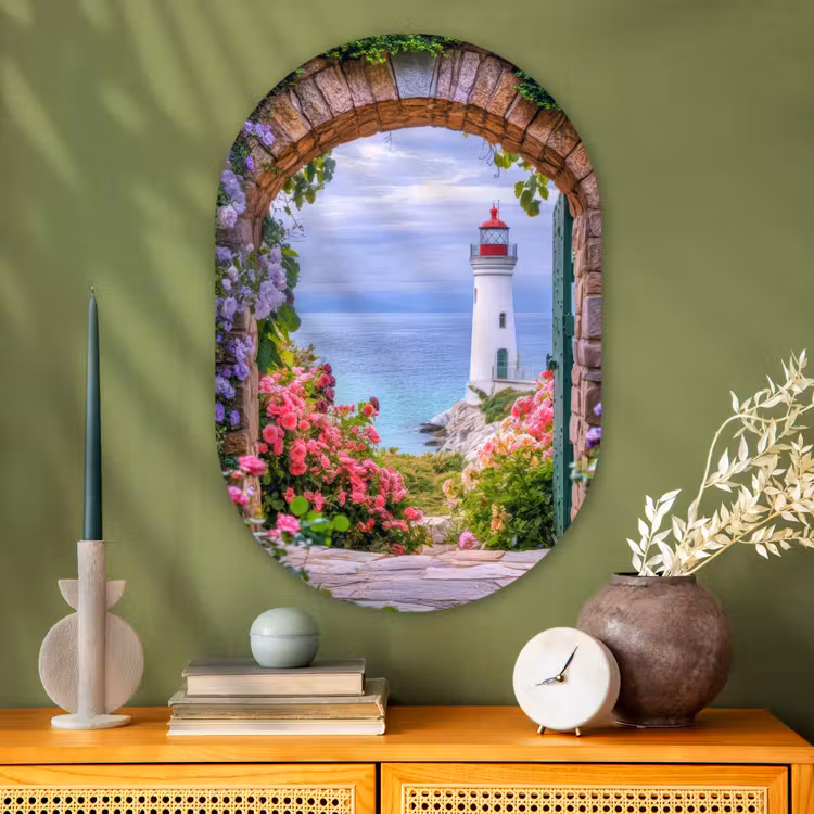 Doorkijk - Vuurtoren - Bloemen - Uitzicht Wandcirkel Ovaal Glas middel -sfeer2