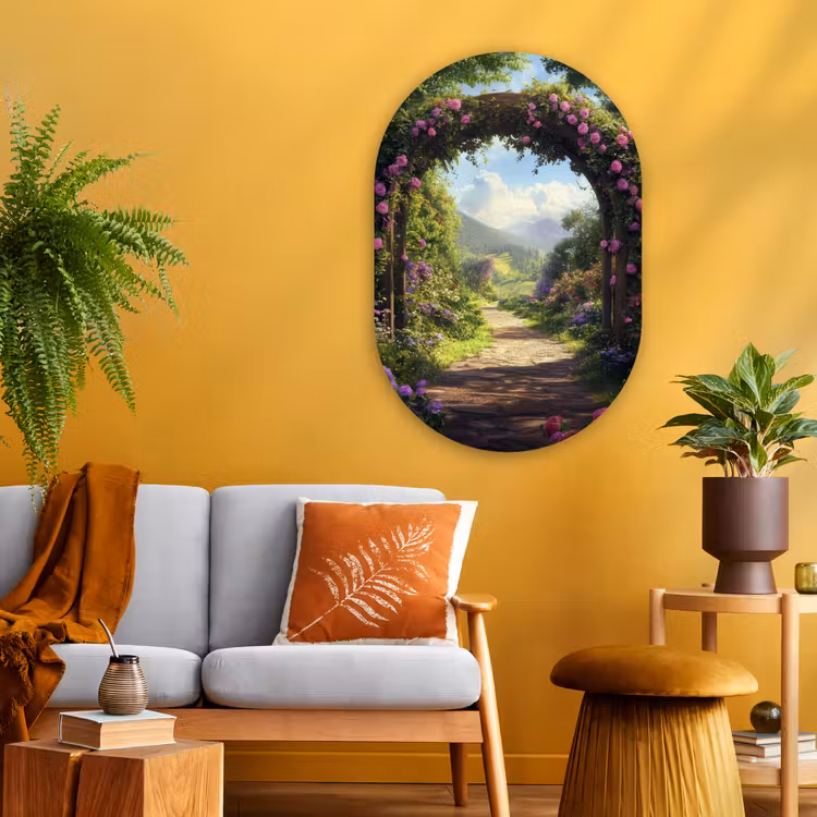 Doorkijk - Rozenboog - Uitzicht - Landschap - Bloemen Wandcirkel Ovaal Glas middel -sfeer4