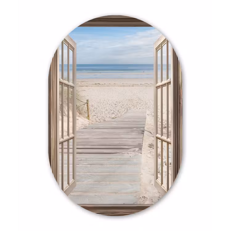 Doorkijk - Strand - Duinen - Pad - Landschap Wandcirkel Ovaal Glas middel -3d
