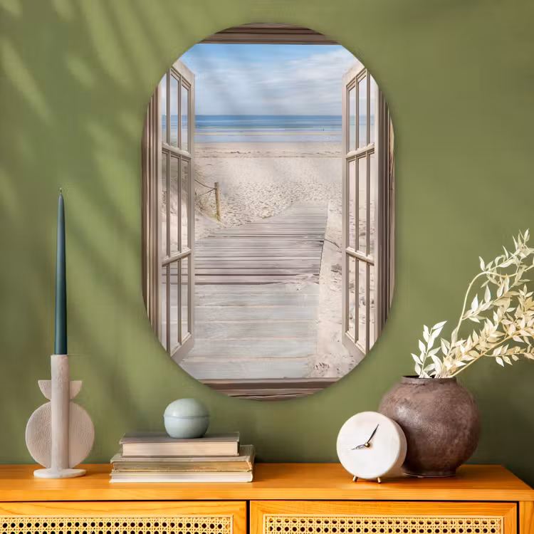 Doorkijk - Strand - Duinen - Pad - Landschap Wandcirkel Ovaal Glas middel -sfeer2