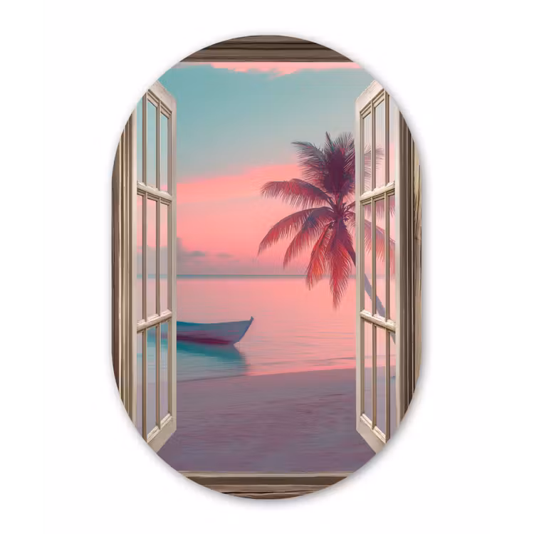 Doorkijk - Strand - Palmboom - Tropisch Wandcirkel Ovaal Glas middel -3d
