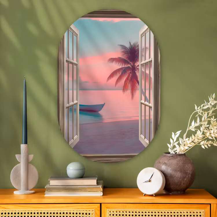 Doorkijk - Strand - Palmboom - Tropisch Wandcirkel Ovaal Glas middel -sfeer2