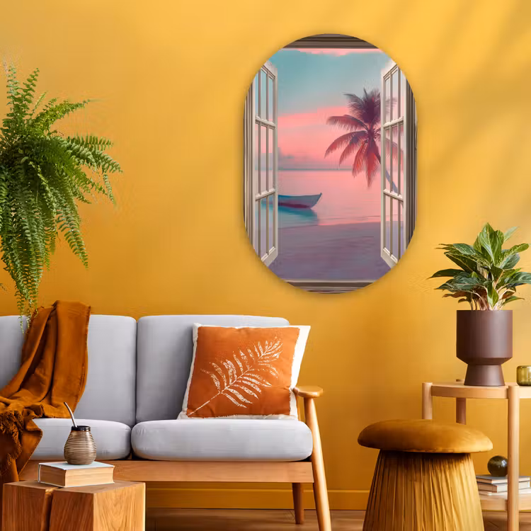 Doorkijk - Strand - Palmboom - Tropisch Wandcirkel Ovaal Glas middel -sfeer4