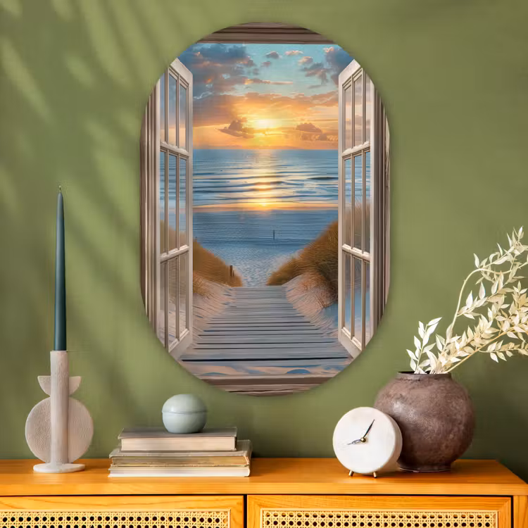 Doorkijk - Strand - Pad - Zonsondergang Wandcirkel Ovaal Glas middel -sfeer2