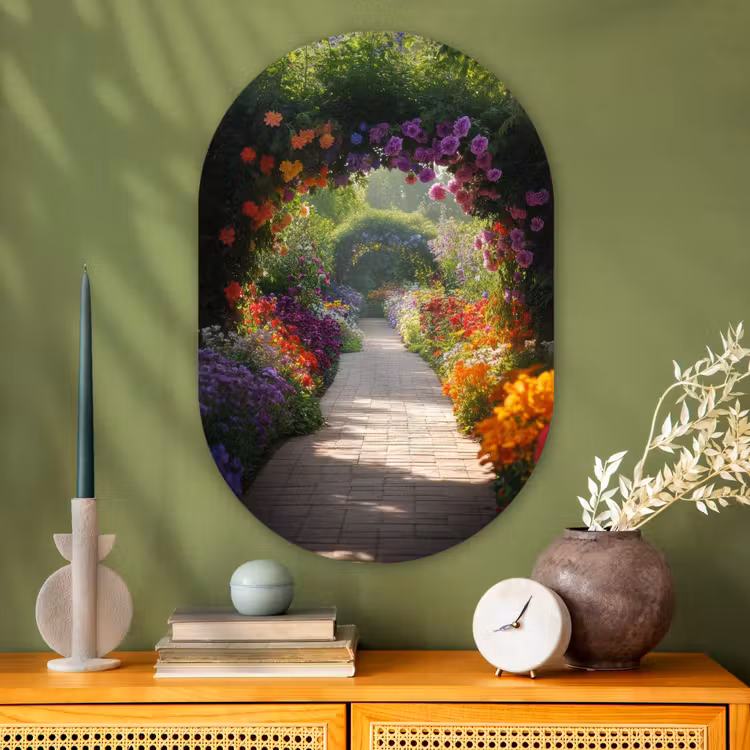 Doorkijk - Pad - Bloemen - Struik - Kleurrijk Wandcirkel Ovaal Glas middel -sfeer2