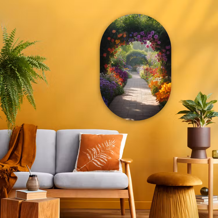 Doorkijk - Pad - Bloemen - Struik - Kleurrijk Wandcirkel Ovaal Glas middel -sfeer4