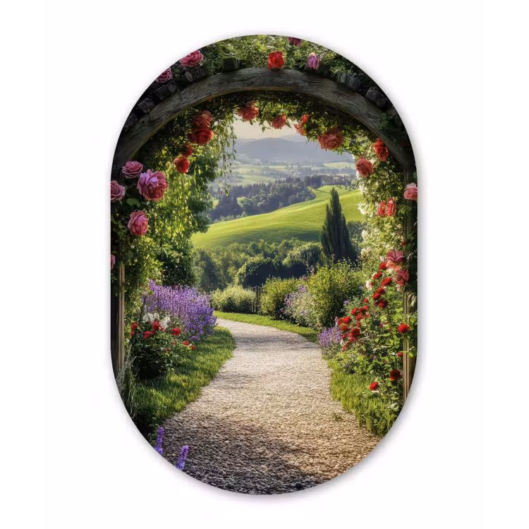 Doorkijk - Tuinboog - Bloemen - Natuur - Pad Wandcirkel Ovaal Glas middel -3d
