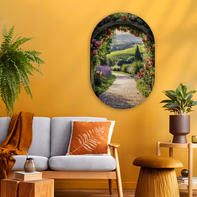 Doorkijk - Tuinboog - Bloemen - Natuur - Pad Wandcirkel Ovaal Glas middel -sfeer4