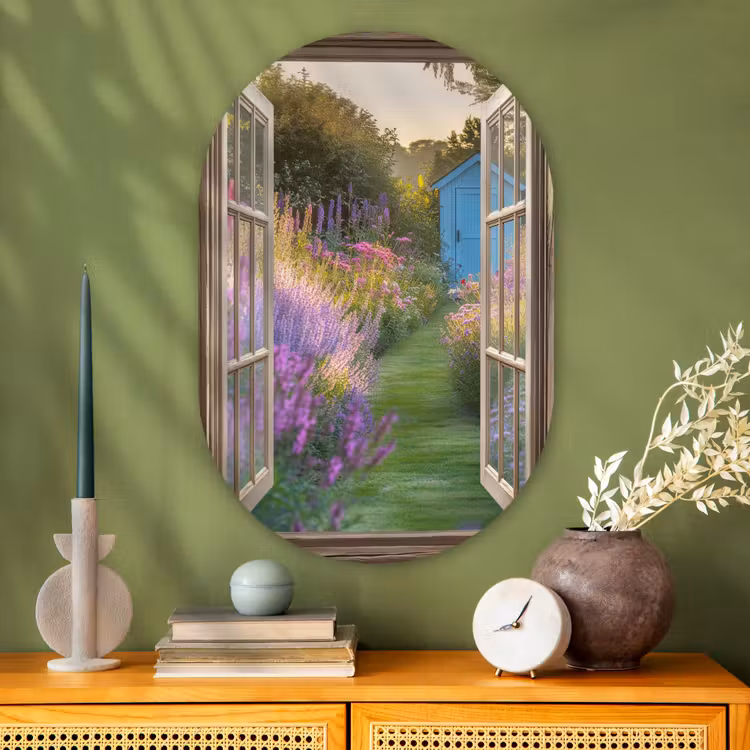Doorkijk - Bloemen - Raam - Natuur Wandcirkel Ovaal Glas middel -sfeer2