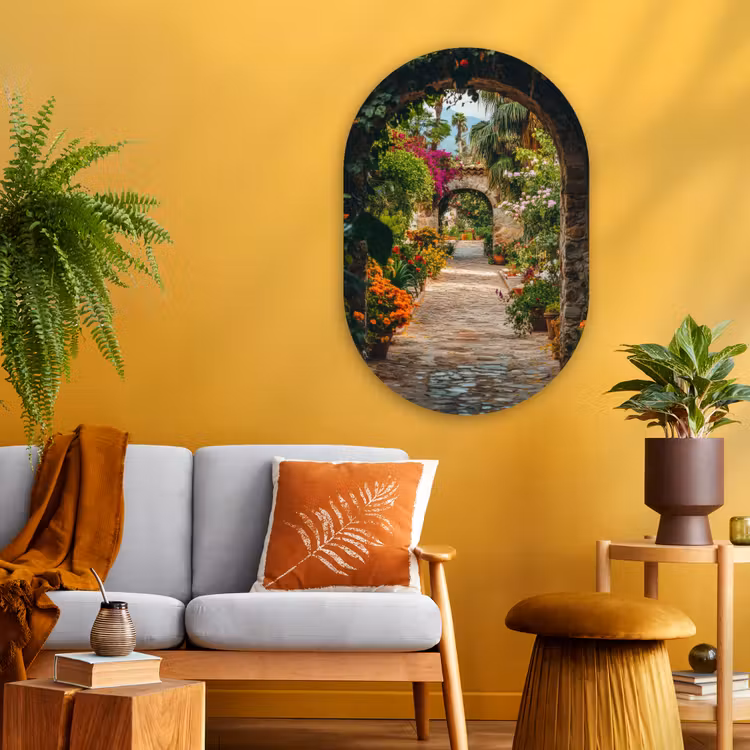Doorkijk - Bloemen - Poort - Stenen Wandcirkel Ovaal Glas middel -sfeer4