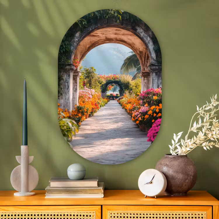 Doorkijk - Bloemen - Tropisch - Kleurrijk Wandcirkel Ovaal Glas middel -sfeer2
