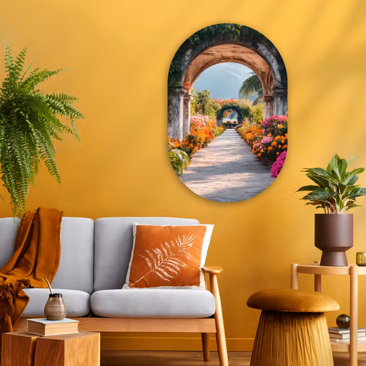 Doorkijk - Bloemen - Tropisch - Kleurrijk Wandcirkel Ovaal Glas middel -sfeer4