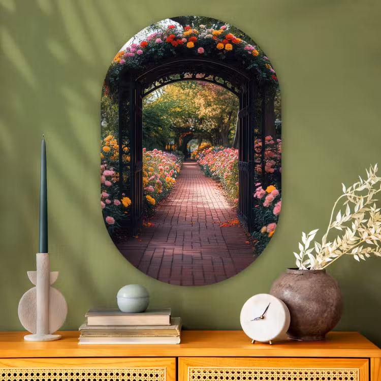 Doorkijk - Bloemen - Pad - Natuur - Kleurrijk Wandcirkel Ovaal Glas middel -sfeer2