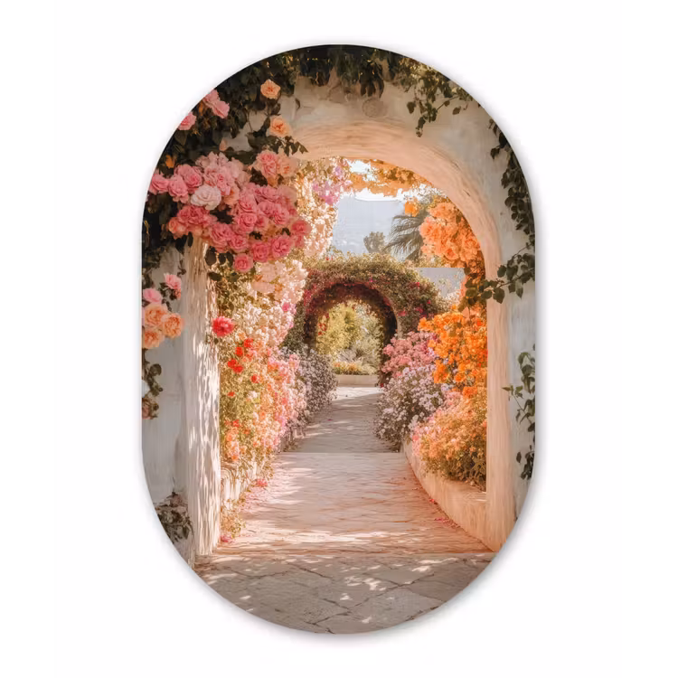 Doorkijk - Boog - Bloemen - Pastel Wandcirkel Ovaal Glas middel -3d
