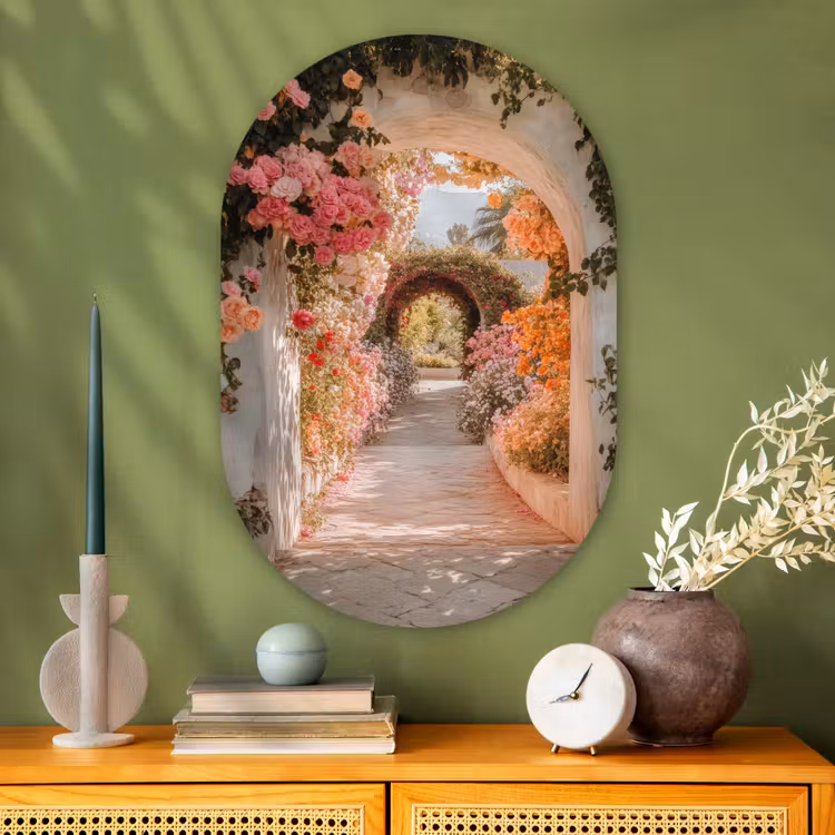 Doorkijk - Boog - Bloemen - Pastel Wandcirkel Ovaal Glas middel -sfeer2