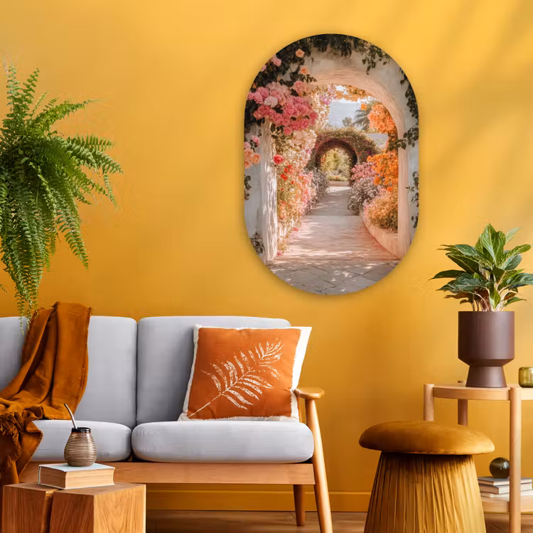 Doorkijk - Boog - Bloemen - Pastel Wandcirkel Ovaal Glas middel -sfeer4
