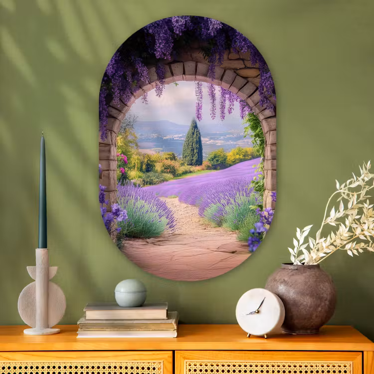 Doorkijk - Lavendel - Bloemen - Paars - Poort Wandcirkel Ovaal Glas middel -sfeer2