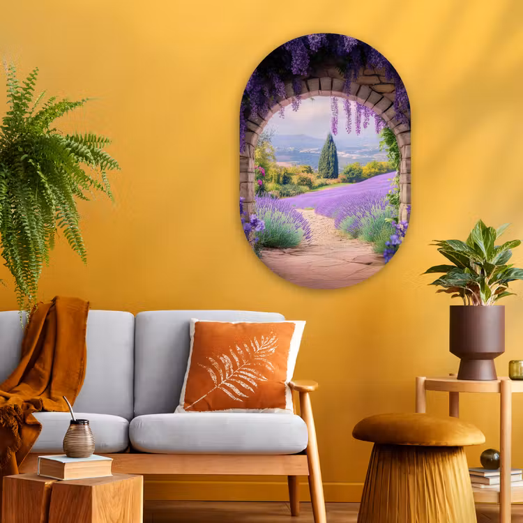 Doorkijk - Lavendel - Bloemen - Paars - Poort Wandcirkel Ovaal Glas middel -sfeer4