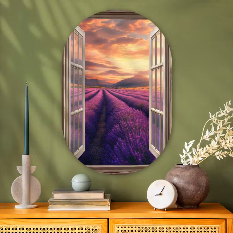 Doorkijk - Lavendel - Landschap - Bloemen - Paars Wandcirkel Ovaal Glas middel -sfeer2