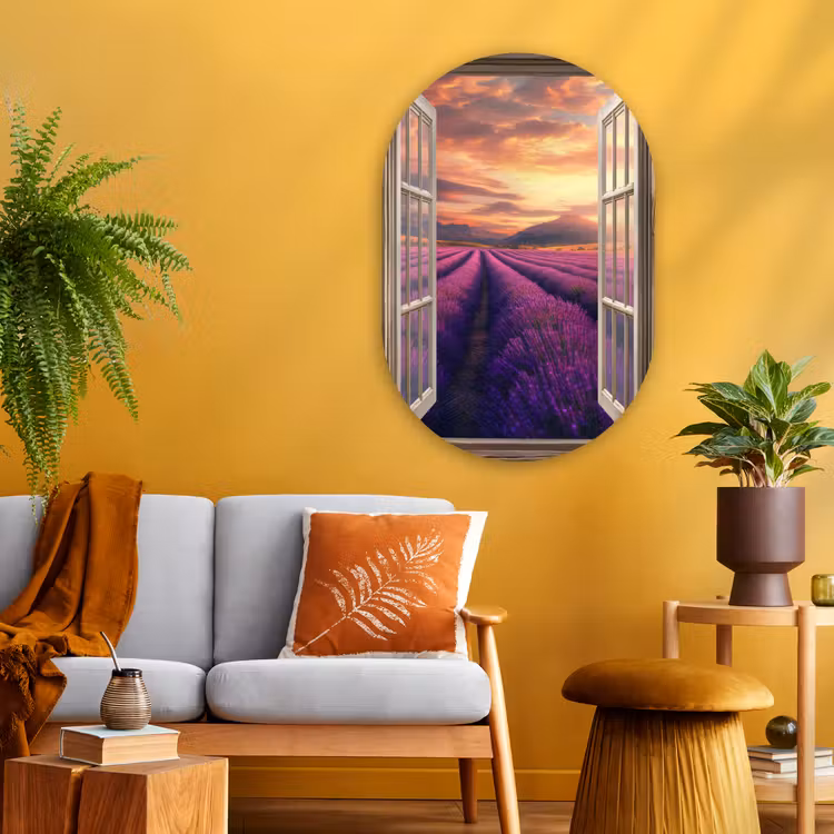 Doorkijk - Lavendel - Landschap - Bloemen - Paars Wandcirkel Ovaal Glas middel -sfeer4