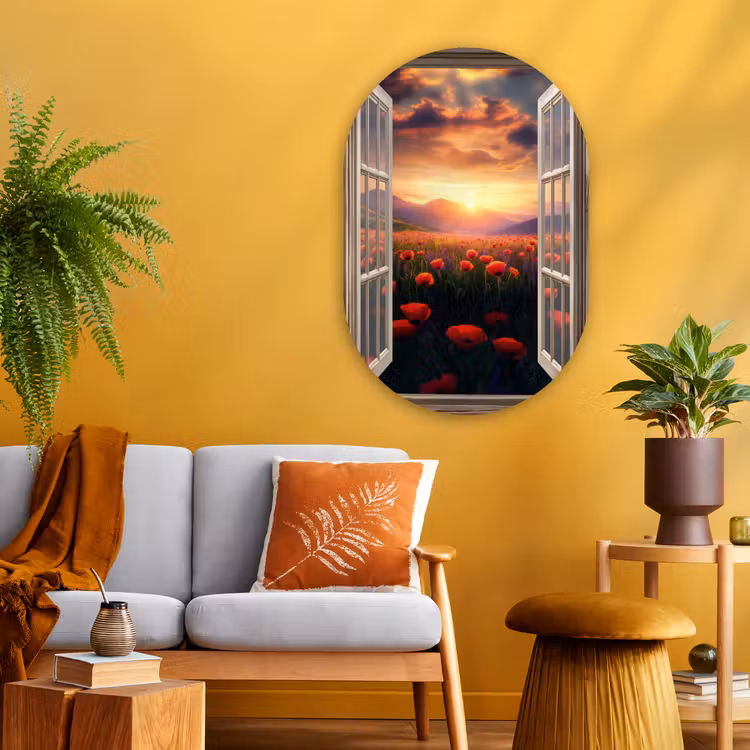 Doorkijk - Klaprozen - Bloemen - Rood - Open raam Wandcirkel Ovaal Glas middel -sfeer4