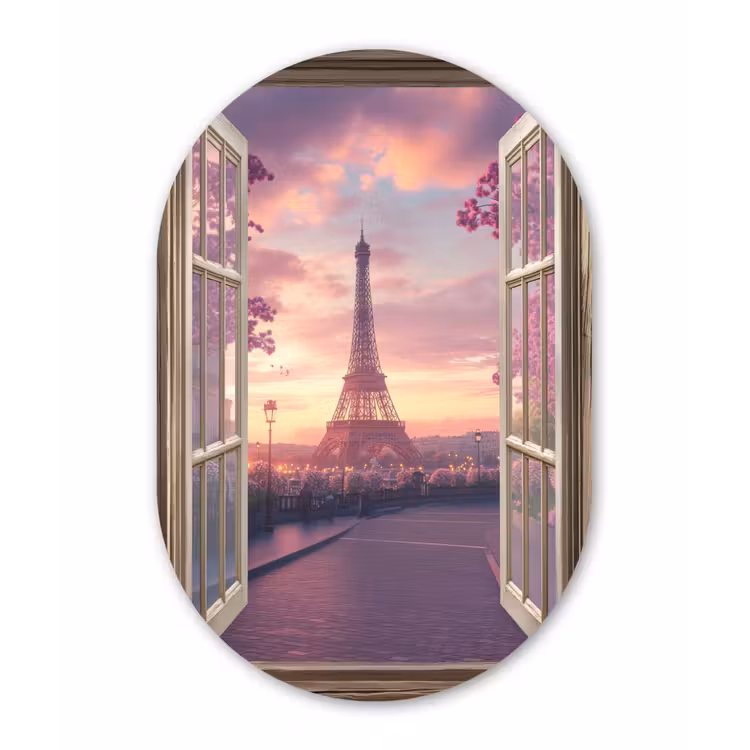 Doorkijk - Parijs - Eiffeltoren - Roze - Kersenbloesem Wandcirkel Ovaal Glas middel -3d