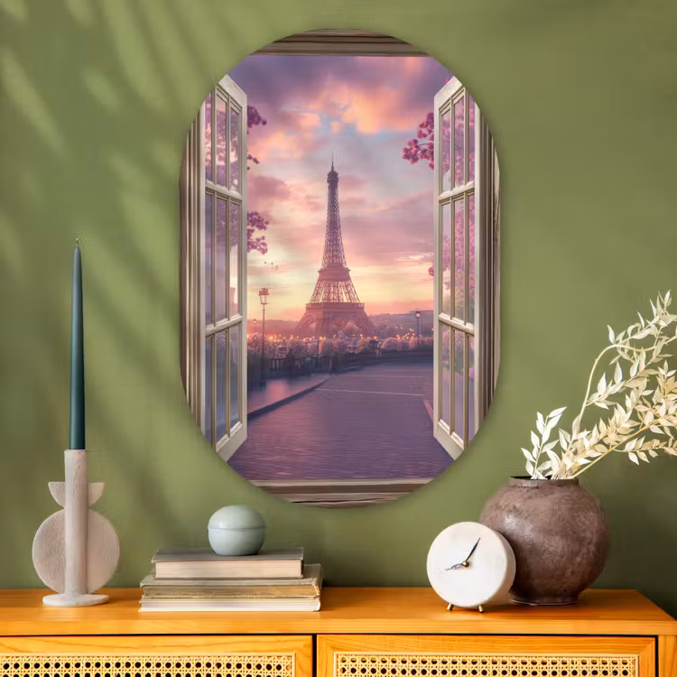 Doorkijk - Parijs - Eiffeltoren - Roze - Kersenbloesem Wandcirkel Ovaal Glas middel -sfeer2