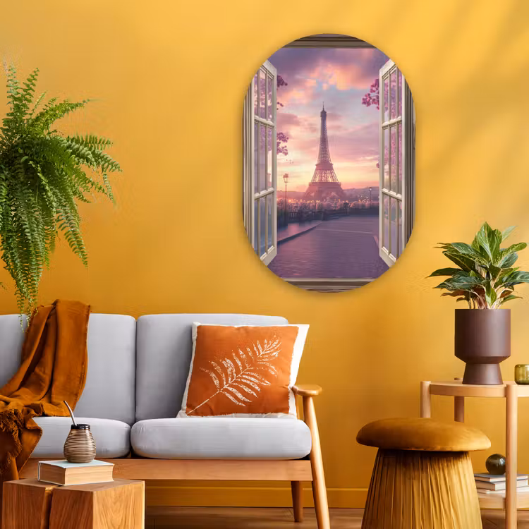 Doorkijk - Parijs - Eiffeltoren - Roze - Kersenbloesem Wandcirkel Ovaal Glas middel -sfeer4