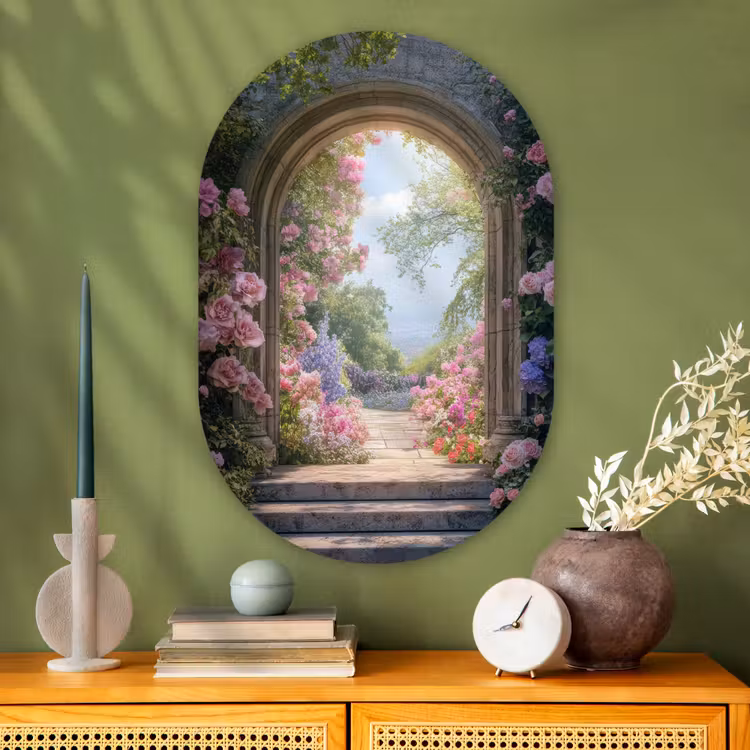 Doorkijk - Rozen - Vintage - Bloemen Wandcirkel Ovaal Glas middel -sfeer2