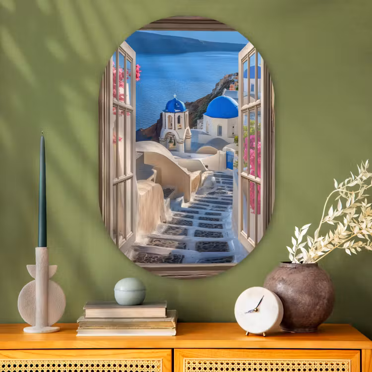 Doorkijk - Santorini - Landschap - Blauw - Grieks Wandcirkel Ovaal Glas middel -sfeer2