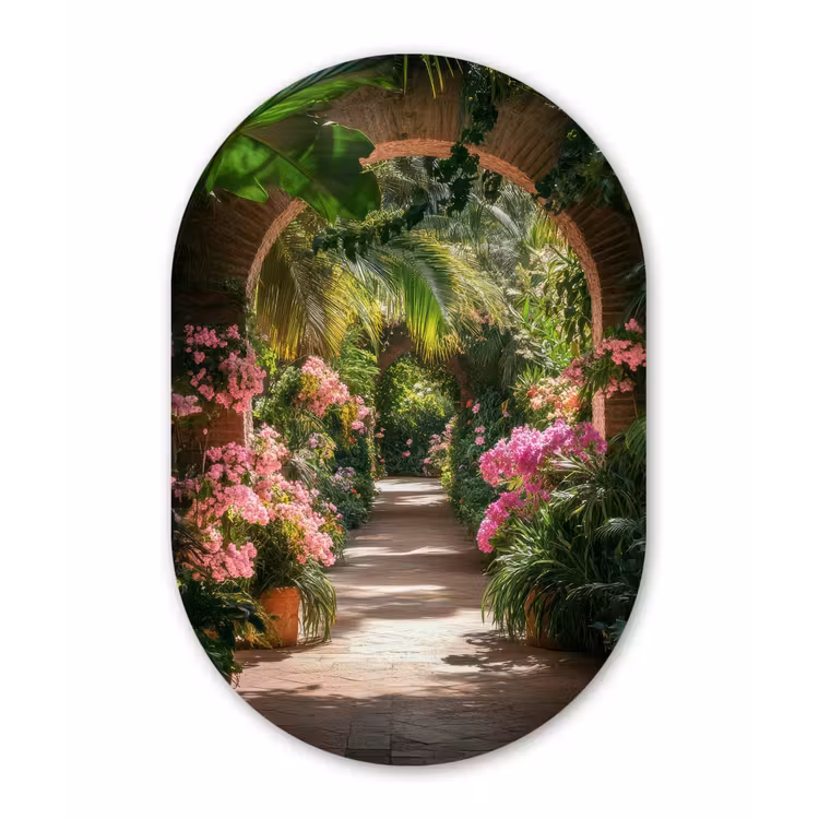 Doorkijk - Tropisch - Bloemen - Natuur Wandcirkel Ovaal Glas middel -3d