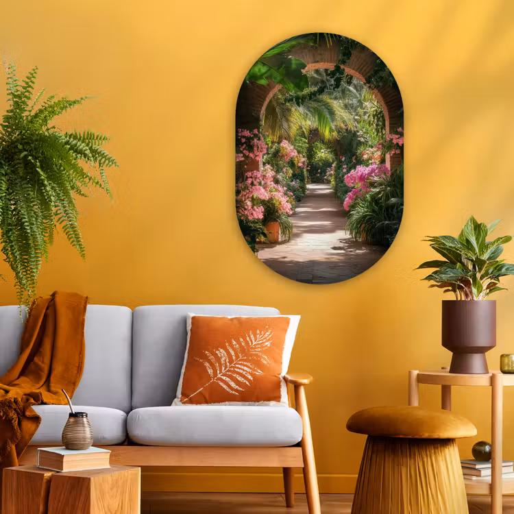 Doorkijk - Tropisch - Bloemen - Natuur Wandcirkel Ovaal Glas middel -sfeer4