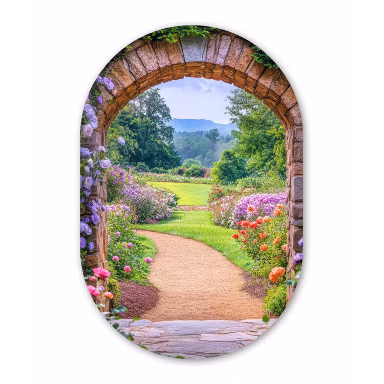 Doorkijk - Poort - Bloemen - Tuin Wandcirkel Ovaal Glas middel -3d