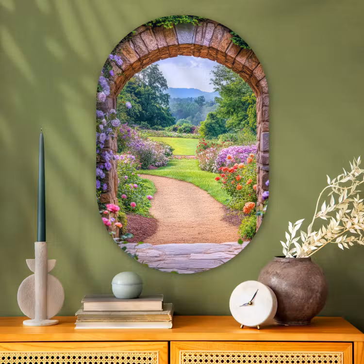 Doorkijk - Poort - Bloemen - Tuin Wandcirkel Ovaal Glas middel -sfeer2