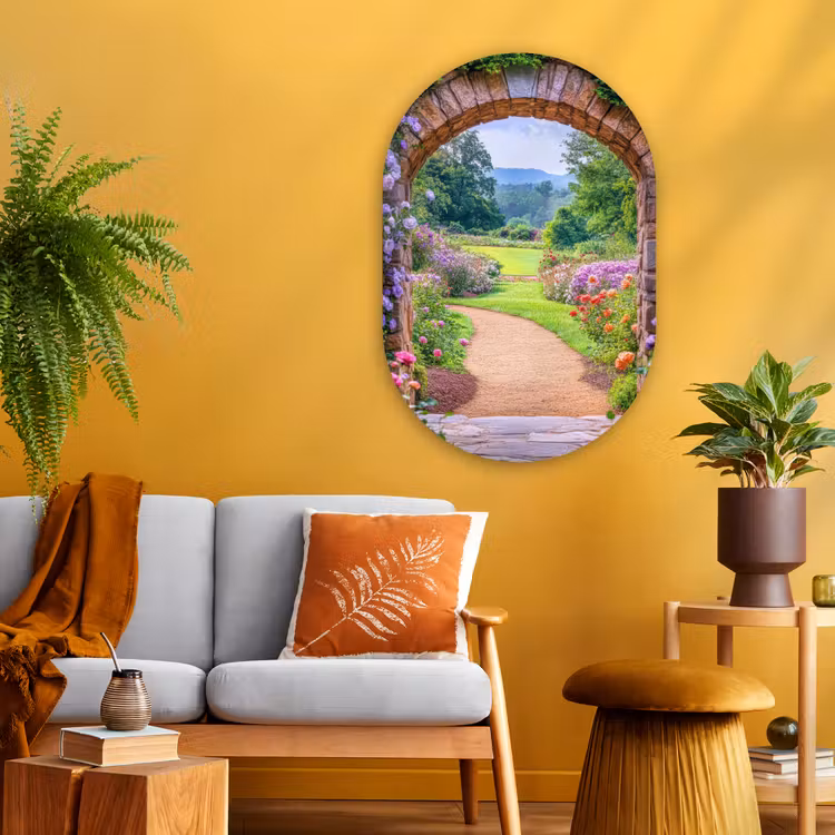 Doorkijk - Poort - Bloemen - Tuin Wandcirkel Ovaal Glas middel -sfeer4