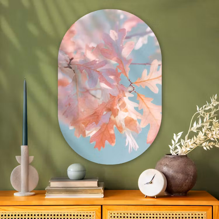 Eikenbladeren - Takken - Roze Wandcirkel Ovaal Glas middel -sfeer2
