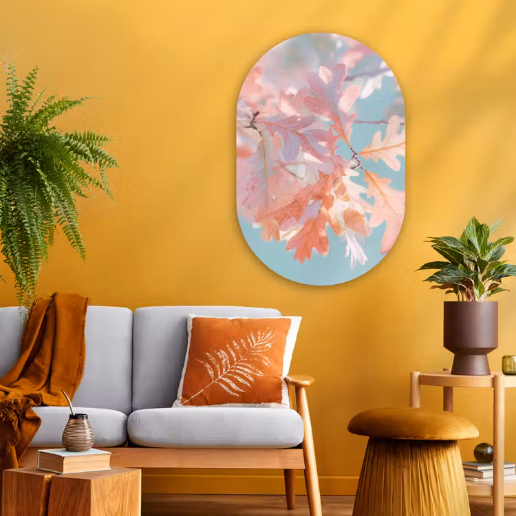 Eikenbladeren - Takken - Roze Wandcirkel Ovaal Glas middel -sfeer4