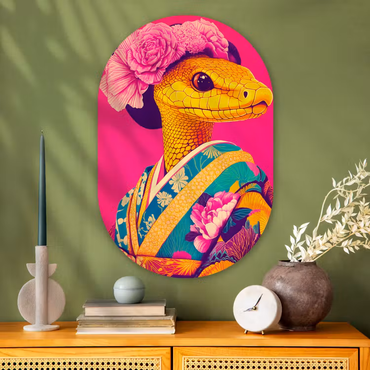 Hagedis - Bloemen - Roze - Kimono Wandcirkel Ovaal Glas middel -sfeer2