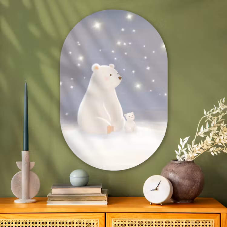 Ijsbeer - Sneeuw - Sterren - Blauw Wandcirkel Ovaal Glas middel -sfeer2