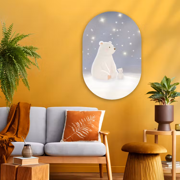 Ijsbeer - Sneeuw - Sterren - Blauw Wandcirkel Ovaal Glas middel -sfeer4