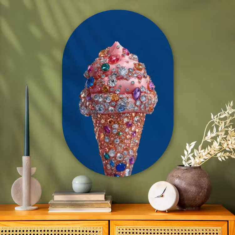 Ijsje - Hoorntje - Steentjes - Blauw Wandcirkel Ovaal Glas middel -sfeer2