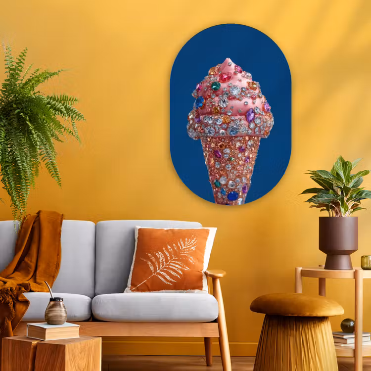 Ijsje - Hoorntje - Steentjes - Blauw Wandcirkel Ovaal Glas middel -sfeer4