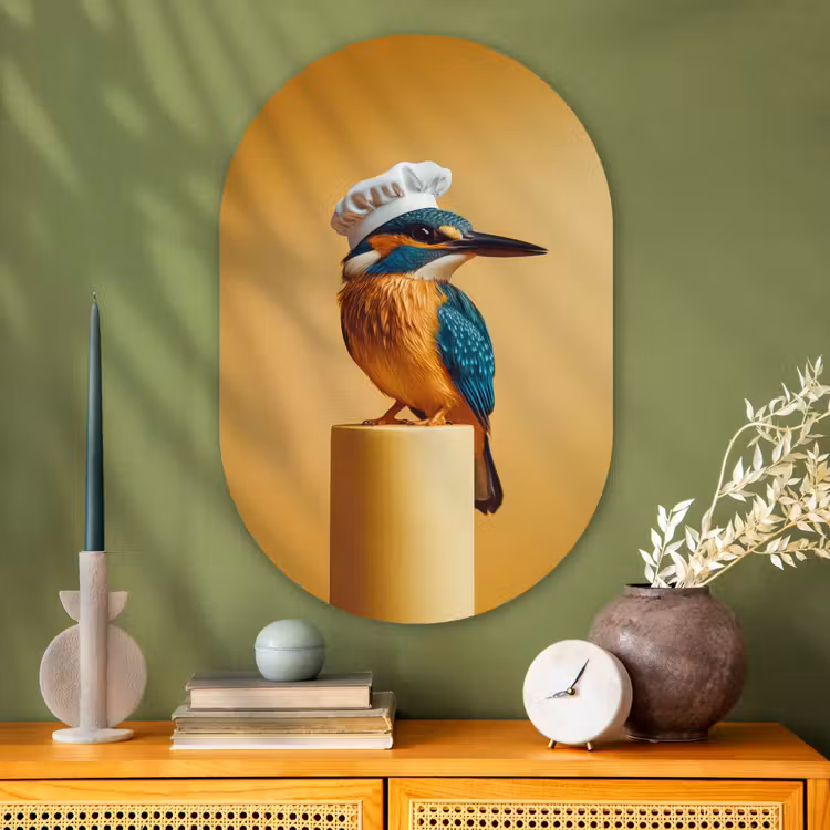 Ijsvogel - Pilaar - Koksmuts - Vogel Wandcirkel Ovaal Glas middel -sfeer2