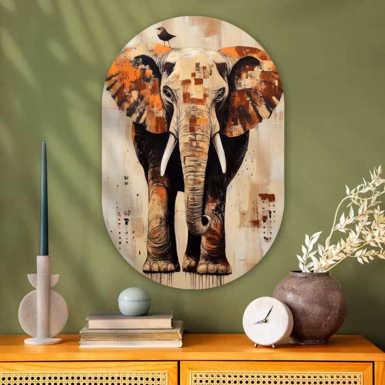 Olifant - Slurf - Mozaïek - Abstract Wandcirkel Ovaal Glas middel -sfeer2